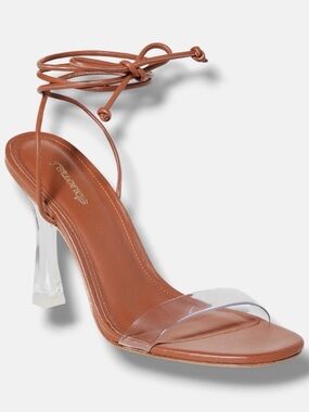 Larroude Tan Ankle-Tie Heeled Sandal with Clear Strap size 8,5